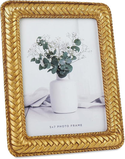 Cuspin 5x7 Gold Picture Frame, Ornate Decorative Rattan Resin Photo Frame, Gold Frames Braided Design for Tabletop Display or Wall Hanging, Elegant Home Decor