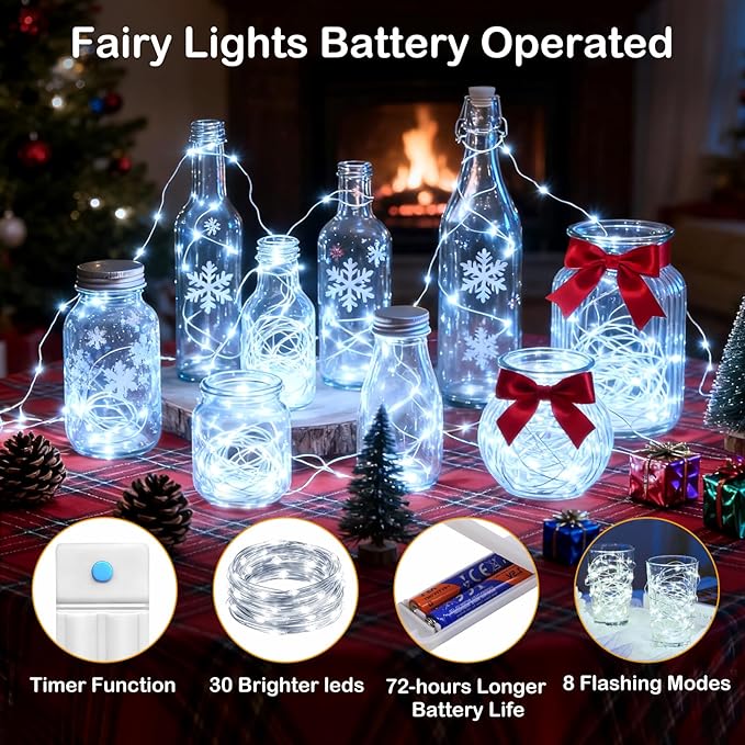 ZNYCYE 10 Pack Fairy Lights Battery Operated，10ft 30 LED String Lights 8 Modes with Timer Waterproof Fairy Lights for DIY Wedding Party Bedroom Mason Jars Christmas Decorations (Cool White)