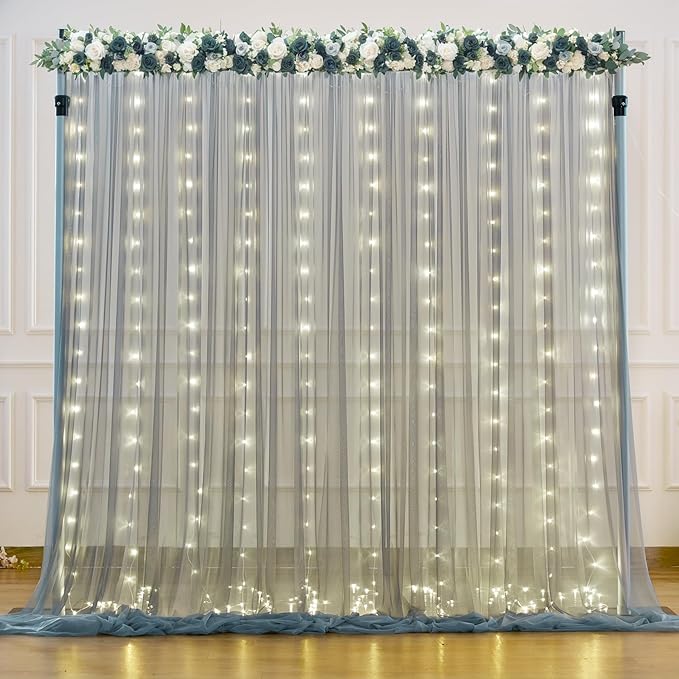 Silver Grey Tulle Backdrop Curtain with Lights String for Parites 10x10ft Sheer Backdrop Curtains for Birthday Party Bridal Shower Baby Shower Wedding Ceremony Prom Photo Booth Background Decorations