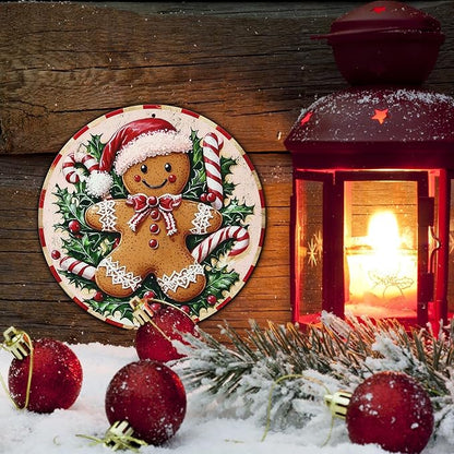Round Christmas Metal Tin Sign Rustic Wall Decor Gingerbread Man Vintage Tin Sign Candy Canes Christmas Tin Sign for Home Garden Kitchen Bar Cafe Restaurant Garage Wall Decor 8 * 8 in