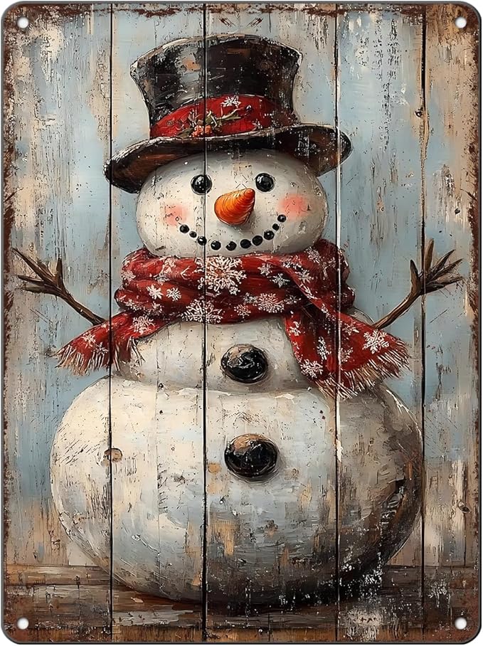 Vintage Christmas Metal Tin Sign Snowman Retro Wall Decor Christmas Tin Sign for Winter Outdoor 12x16Inch