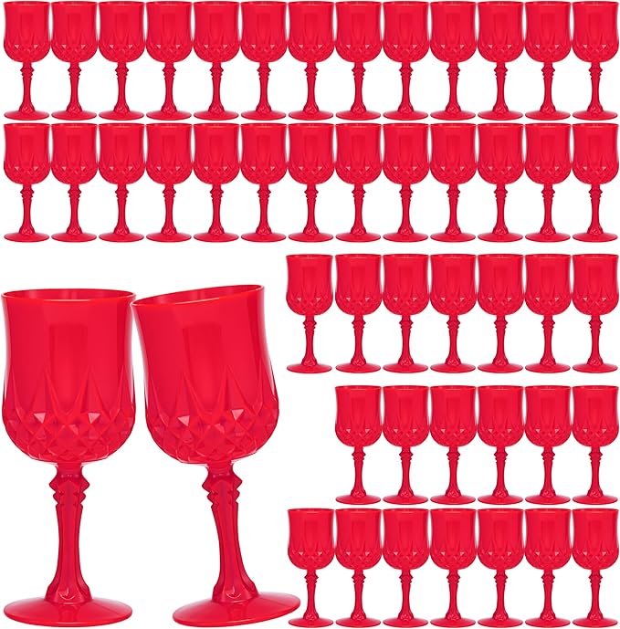 JLYLOL Plastic Vintage Wine Glasses 7OZ Plastic Goblets Vintage Drinking Glasses 48PCS Retro Wedding Glassware Water Goblets Reusable Drinking Cups for Party,Reception,Celebration,Bar,Whiskey(Red)