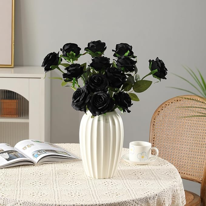 Tifuly Black Roses Artificial Flowers -12 pcs Realistic Single Long Stem Fake Silk Roses Bouquet for Party Home Wedding Centerpiece Office Halloween DIY Decor