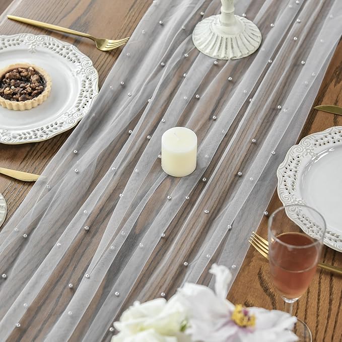 Artoid Mode Pearl Grey Gauze Table Runner 120 Inch 10FT, Seasonal Sheer Dining Holiday Wedding Birthday Baby Shower Table Decor for Home Party