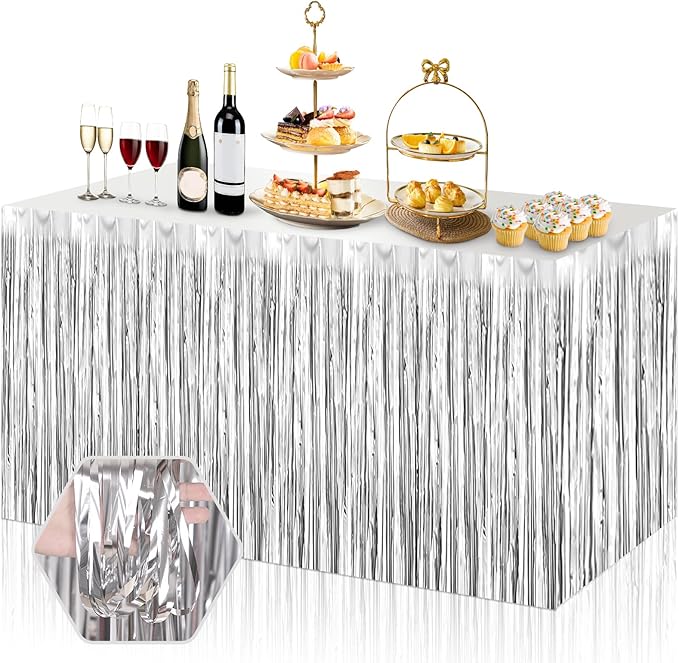 3 Pack 29x108 Inch Silver Foil Fringe Table Skirts Metallic Banner for Tinsel Streamer Garland Backdrop for Parade Floats Wedding Thanksgiving Birthday Christmas Halloween Party Decoration