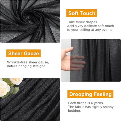 Wedding Arch Draping Fabric 2 Panels 28.7" x 20FT Black Sheer Chiffon Backdrop Drapes for Wedding Ceremony Birthday Party Bridal Shower Outdoor Decoration