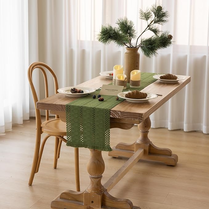 Boho Sage Green Table Runner for Home Decor 12x72 Inches Farmhouse Macrame Burlap Jute Rustic Dining Kitchen Centerpiece Bohemian Decor French Country Baby Bridal Shower Decorations