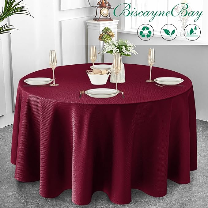 Biscaynebay Textured Fabric Christmas Round Table Cloth 90", Burgundy Water Resistant Washable Folding Table Cloths for Dining, Kitchen, Wedding & Parties Machine Washable