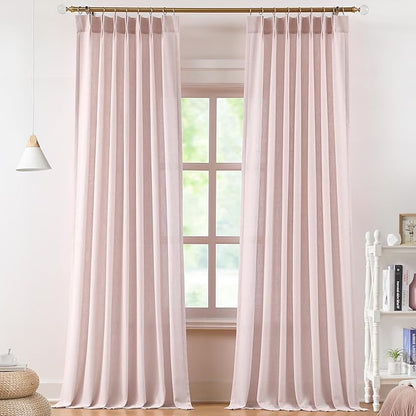 Vision Home Soft Pink Pinch Pleated Semi Sheer Curtains Textured Linen Blended Light Filtering Window Curtains 90 inch for Living Room Bedroom Pinch Pleat Drapes with Hooks 2 Panels 40" Wx90 L