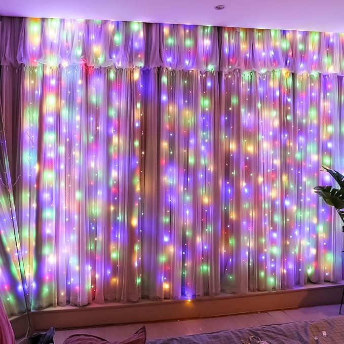 HXWEIYE 300LED Fairy Curtain Lights, 9.8x9.8Ft USB Plug-in 8 Modes Christmas String Hanging Lights with Remote for Bedroom Backdrop Wedding Party Indoor Wall Decor, Multicolor