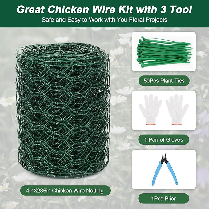 4 × 236 in Floral Wire Netting, Green Chicken Wire for Floral Arrangements, Galvanized Coated Chicken Mesh Netting with Plier & Plant Ties for Floral Supplies | Garden Fencing | DIY Craft