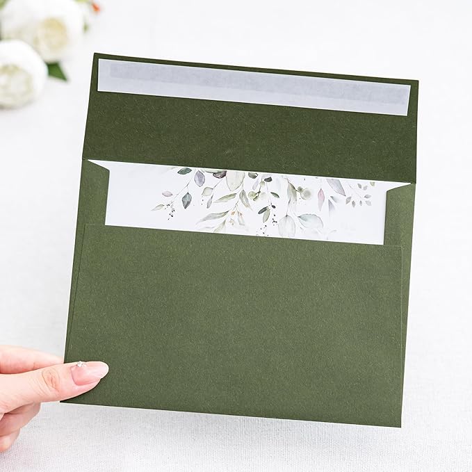 PONATIA 50 PCS 5x7 Envelopes, Olive Green Self- Adhesive A7 Envelopes for Weddings, Invitation Cards, Photos, Postcards, Greeting Cards Mailing, Baby Shower, Graduation, Christmas Gift Cards