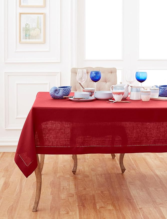 Solino Home Red Linen Tablecloth 60 x 132 Inch - 100% Pure Linen Hemstitch Table Cloth for Rectangle Tables - Classic Hemstitch, Machine Washable Tablecloth for Christmas