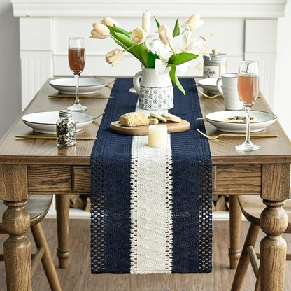 Artoid Mode Dark Blue Farmhouse Rustic Table Runner, Seasonal Hollow Kitchen Dining Table Decoration for Home Party Decor 12x48 Inch