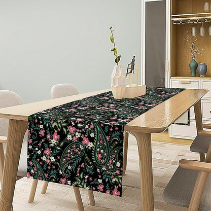 Paisley Table Runner, Abstract Vintage Boho Pink Paisley Flowers Green Teal Leaves Print Table Runner for Dinning Holiday Party Indoor Outdoor Decor, 13x120inch