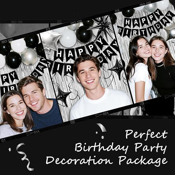 20th Birthday Decorations for Men Women, Black Silver Happy Birthday Party Decorations， 20 Year Old Party Supplies with Number 20 Balloons, Banner, Fringe Curtains Kit