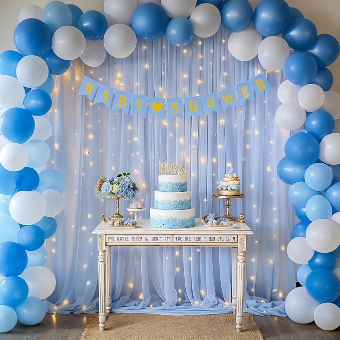 10ft x 7ft Baby Blue Chiffon Backdrop Curtain with Lights String for Parites Wedding Light Blue Curtain Photo Backdrop Drapes for Baby Shower Birthday Party Home Decorations