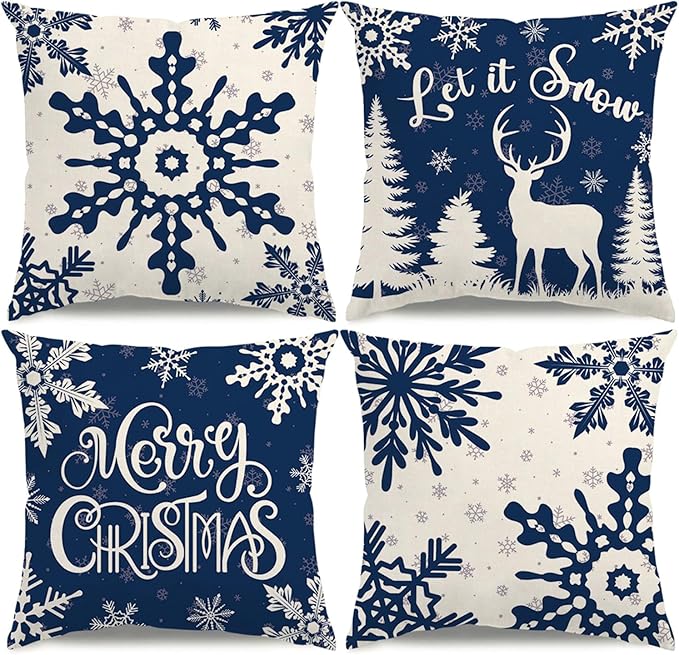 Christmas Pillow Covers 18x18 Blue Christmas Decorations Snowflake Reindeer Throw Pillow Covers Xmas Tree Winter Holiday Decor Cushion Case for Sofa Couch Set of 4