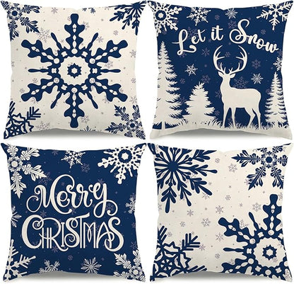 Christmas Pillow Covers 18x18 Blue Christmas Decorations Snowflake Reindeer Throw Pillow Covers Xmas Tree Winter Holiday Decor Cushion Case for Sofa Couch Set of 4