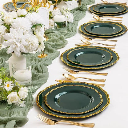 Hioasis 60pcs Green Plastic Plates - Green and Gold Disposable Dinnerware with Gold Rim, Heavy-duty, 7.5 inch, Dessert Plates for Party & Wedding