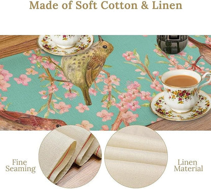 Table Runner with Flowers and Birds, Spring Plant Flowers Table Decoration Linen Table Runner Family Party Party Decorations 13x60 Inches