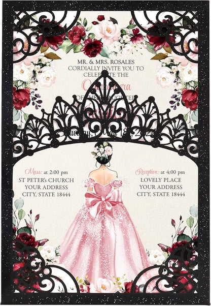 50Pcs Pink Crown Invitations for Quinceanera, 15 year, Sweet 16, Miss XV, Birthday Laser Cut Quince Invitation Cards Personalized Pearlized Black