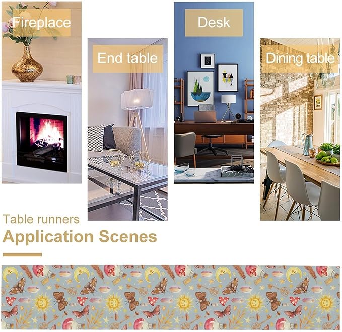 Boho Sun Moon Table Runner Mystical Rustic Butterfly Mushroom Star Table Runner for Kitchen Living Room Dinner Holiday 13x60 Inch