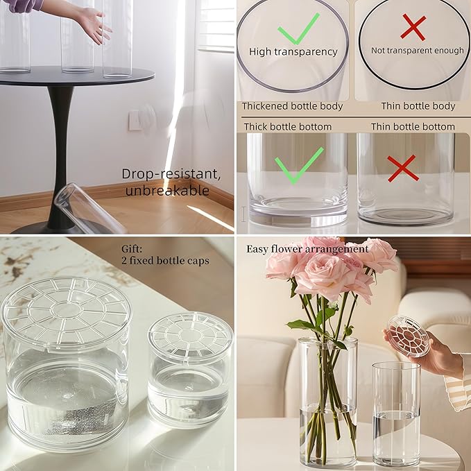 Extra Large Acrylic Cylinder Clear Vase for Floor, Tall Big Wide Mouth Plastic Unbreakable Hurricane Flower Vases of 3 for Home Decor (D 8" X H 15.8", D 6", D 4.8" + 2 Holder)
