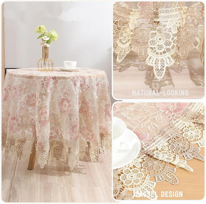 Round Embroidered Lace Tablecloth Vintage Decorative Exquisite Border Table Cover for Party Wedding Home Decorations, Round-60, Pink