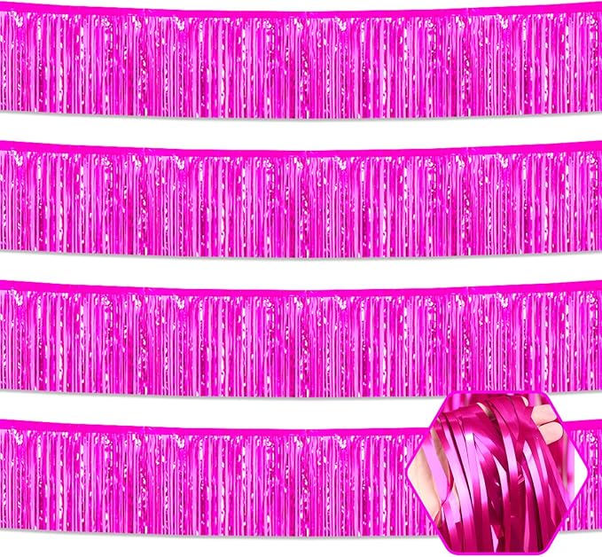 4 Pack 10 Feet Rose Red Foil Fringe Garland Metallic Tinsel Streamers Banner Wall Hanging Curtain Backdrop for Parade Floats, Wedding, Graduate, Mother's Day, Birthday Party Decoration