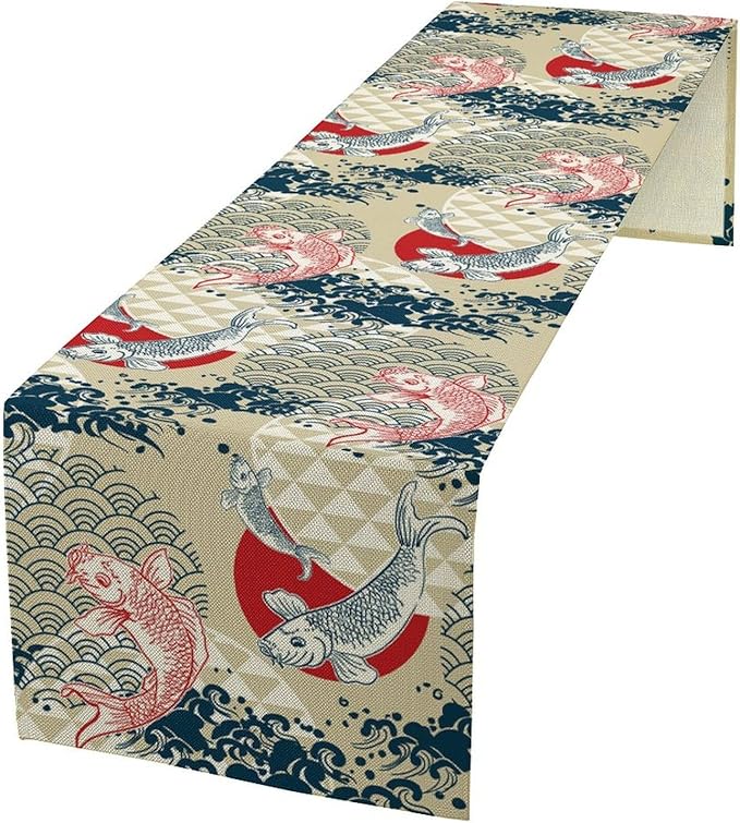 Japanese Table Runner Oriental Tradition Kio Fish Art Printed Burlap Runner Home Kitchen Dining Table Living Room Decor Fabric 1 Panel W13xL60in