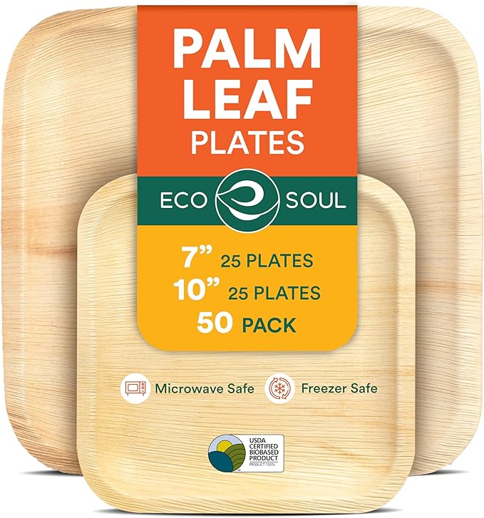 ECO SOUL Compostable 7 & 10 Inch Palm Leaf Square Plates (50 Count) Like Bamboo Plates | Biodegradable | Eco-Friendly, Microwave & Oven Safe - Party Pack