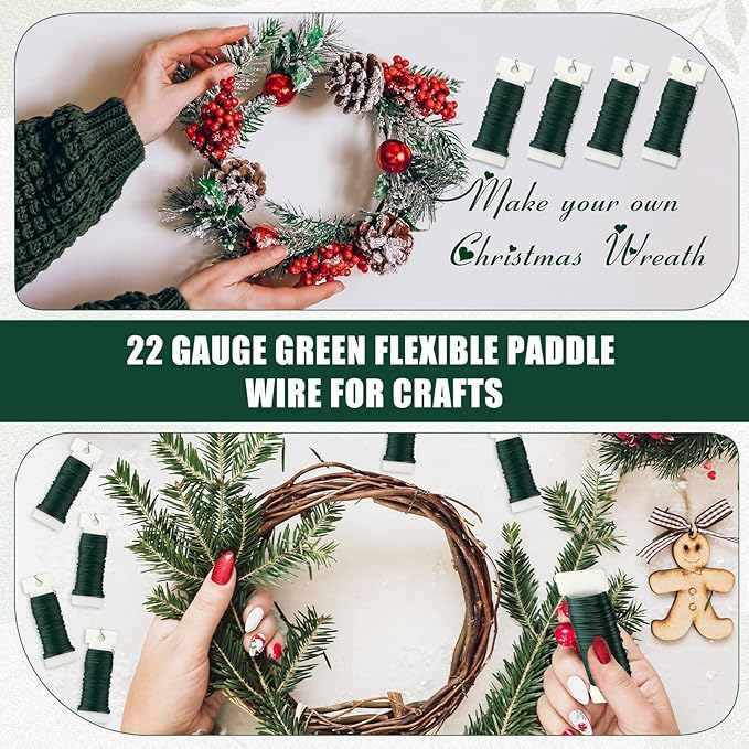 Ferraycle 48 Pack Green Floral Wire 38 Yards 22 Gauge Flexible Paddle Florist Christmas Green Wire for Crafts Christmas Wreaths Tree Garland and Floral Flower Arrangements