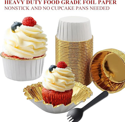 50 Pack Jumbo Cupcake Cups with Lids,LNYZQUS 5oz Foil Cupcake Muffin Liners,Disposable Ramekins Pans Muffin Tins,Large Baking Cups Cupcake Wrappers Holders -White in gold