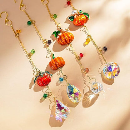 HDCRYSTALGIFTS Set 4 Fall Pumpkin Suncatchers Crystals Sun Catchers Indoor Window Hanging Thanksgiving Tree Decorations for Farmhouse Harvest Autumn Home Party Decor
