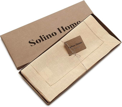 Solino Home Linen Beige Table Runner 90 Inches Long - 100% Pure Linen 14 x 90 Inch Table Runner for Fall, Autumn, Thanksgiving, Christmas - Classic Hemstitch