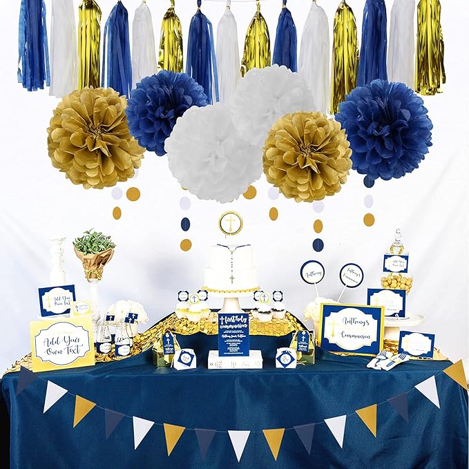 Navy Blue White Gold Party Decoration 23pcs Kits-Paper Flowers,Banner Flags,Circle Banner,Tassel Garland Birthday Bachelorette Boy Baby Shower Gender Reveal Graduation Decorations Lasting Surprise