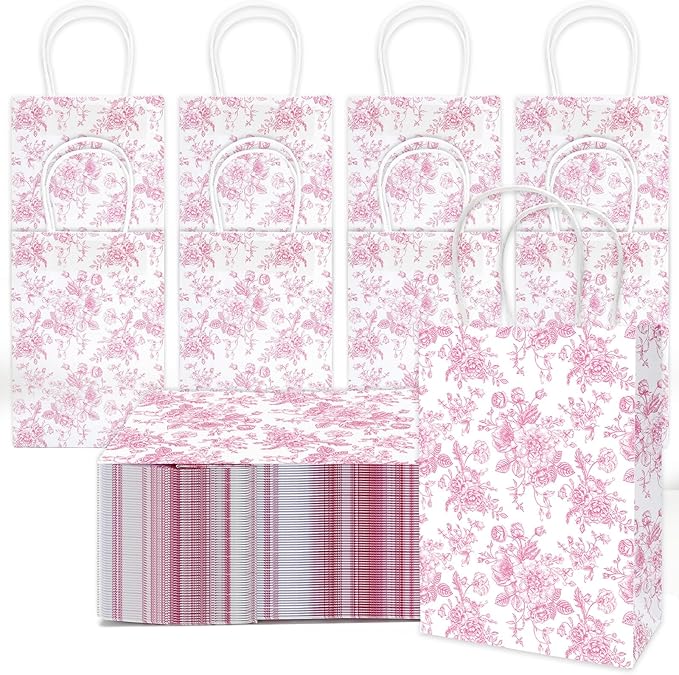 JarThenaAMCS 52Pcs Pink Floral Paper Gift Bag Vintage Wildflower Treat Bags with Handles Chinoiserie Candy Goodie Bags for Spring Summer Birthday Wedding Bridal Shower Party Favors Supplies