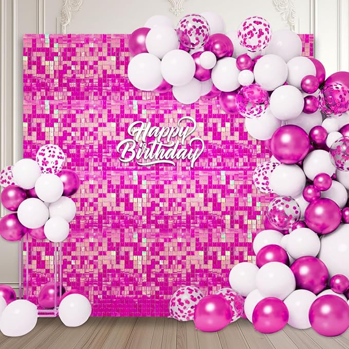 24PCS Colorful Pink Shimmer Wall Backdrop, Square Sequin Photo Backdrops Panel, Glitter Wall Background for Birthdays, Weddings, Christmas, Engagements, Disco Bachelorette Party Decoration (4FTx6FT)