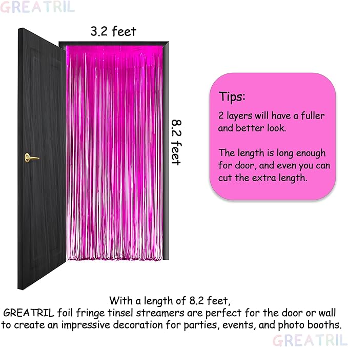 Hot Pink Party Streamers Backdrop - GREATRIL Shiny Fuchsia Tinsel Foil Fringe Curtain for Birthdays/Flamingo/Bachelorette/Galentine/Breast Cancer Awareness Decorations - 3.2ft X 8.2ft - 2 Packs