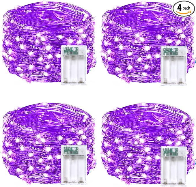 4 Pack 20FT 60LED Halloween Battery Operated Fairy Lights with Timer, Waterproof Battery String Lights Outdoor Indoor, Battery Twinkle Lights for Bedroom Wedding Birthday Party Halloween (Purple)