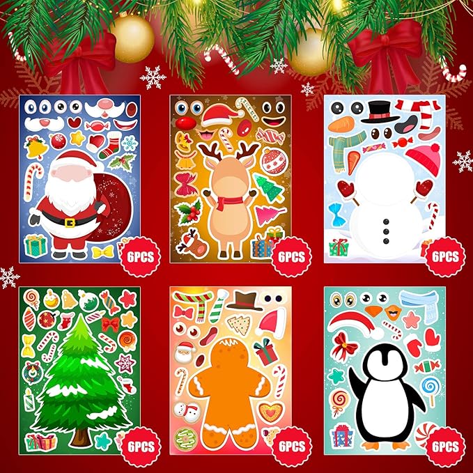 36 Sheets Christmas Stickers for Kids Make Your Own Christmas Stickers, Christmas Party Games Stickersfor Kids Christmas Party Favors Crafts Decorations, Stocking Stuffers