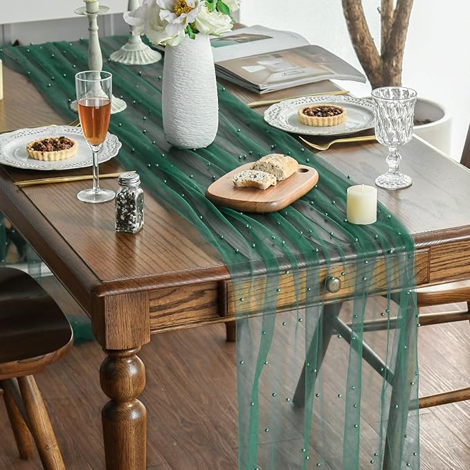 Artoid Mode Pearl Dark Green Gauze Table Runner 59x120 Inch , Seasonal Sheer Kitchen Dining Holiday Wedding Birthday Baby Shower Table Decor for Home Party