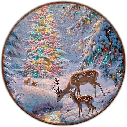 Christmas Tree Decor Round Metal Tin Sign Christmas Deer Vintage Tin Sign for Home Coffee Wall Decor for Christmas Family Wall Decoration 12 * 12 in