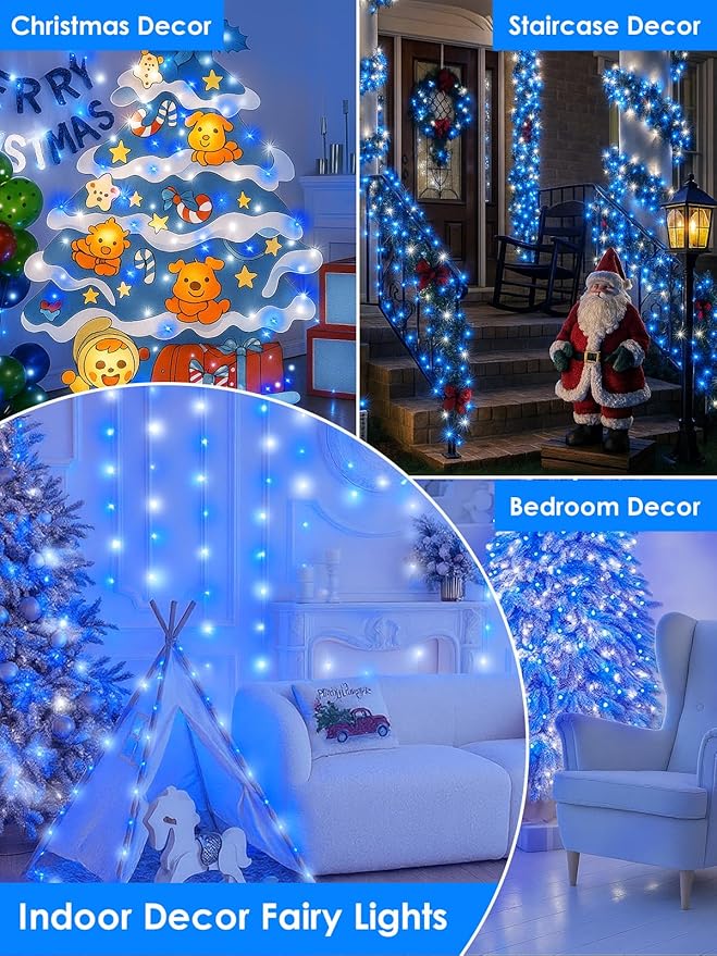 66Ft 200 LED Fairy Lights Plug in, Waterproof String Lights Outdoor & Indoor 8 Modes Christmas Lights Bedroom Decor, Timer Twinkle Light for Girl's Room Garden Party Christmas Decorations (Blue&White)
