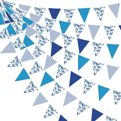 32Ft Shark Party Decorations Blue Cute Shark Triangle Flag Pennant Banner Fabric Garland Streamer for Kids Boys Ocean Birthday Sea Animal Nautical Baby Shower Under The Sea Party Decor Supplies