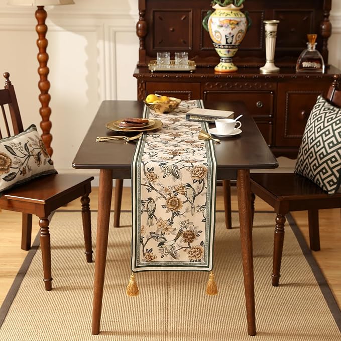 ISAENNE Designer Vintage Beige Linen Table Runner 118 Inches Extra Long,Elegant Floral and Bird Pattern Decor Table Runners for Dining Tables,Thanksgiving,Christmas,Banquet,Party,12"*118"-Murad A