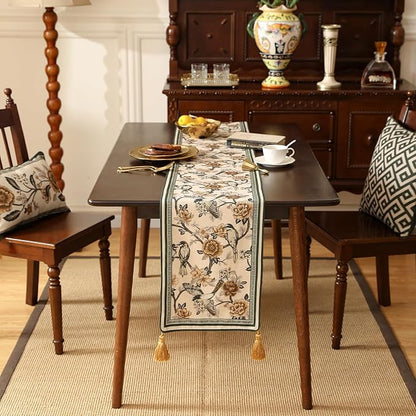 ISAENNE Designer Vintage Beige Linen Table Runner 118 Inches Extra Long,Elegant Floral and Bird Pattern Decor Table Runners for Dining Tables,Thanksgiving,Christmas,Banquet,Party,12"*118"-Murad A
