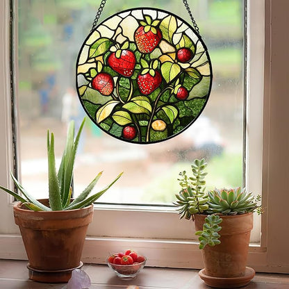 Stained Glass Window Hanging - Red Strawberry Suncatcher for Doors Window Home Green Plant Sun Catchers Decor Christmas Mother's Day Birthday Gifts for Teacher Women Men Mom Nana 7.8 in