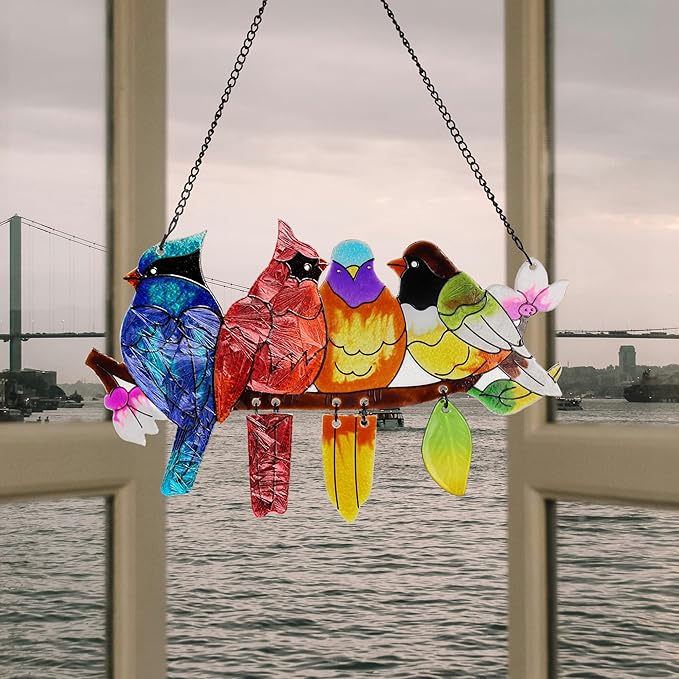 Stained Glass Window Hanging, Birds on A Branch Stain Glass Suncatcher, Hand-Painted Sun Catchers Indoor Window Decoration Bird Lover Gift for Mom, Grandma, Stocking Stuffers for Women